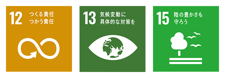 SDGs12番目の目標　つくる責任つかう責任、SDGs13番目の目標　気候変動に具体的な対策を、SDGs15番目の目標　陸の豊かさも守ろう